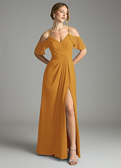 Azazie Dakota Bridesmaid Dresses Butterscotch A-Line V-Neck Pleated Chiffon Dress image1
