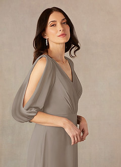 Azazie Bronwyn Mother of the Bride Dresses Taupe A-Line V-Neck Ruched Chiffon Dress image3