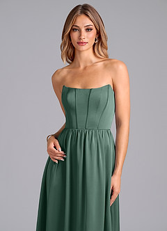 Azazie Leilana Bridesmaid Dresses Eucalyptus A-Line Corset Stretch Satin Dress image6