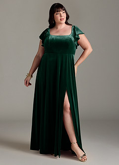Azazie Bondi Bridesmaid Dresses Emerald A-Line Side Slit Velvet Dress image7