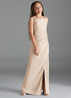 Azazie Leonis Junior White Alabaster A-Line Pleated Stretch Satin Dress image3