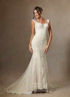 Azazie Roux Diamond White Champagne Mermaid Sequins Satin Dress