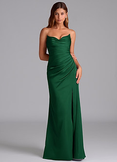 Azazie Claudelle At-home Try On Dresses Dusty Blue Mermaid Strapless Stretch Satin Dress image6