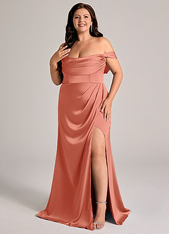 Azazie Johana Robes de demoiselle d'honneur Robe Sirène Convertible en Satin extensible Épaule décolletée Rose Saumon image8