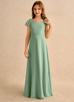 Azazie Nari Girls Formal Blumenmädchenkleider A-Linie mit ärmel Chiffon Kleid Matcha image5