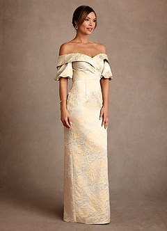 Azazie Golda Final Sale Vintage Champagne Sheath Off the Shoulder Jacquard Dress image4