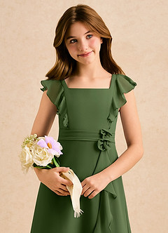 Azazie Soso Girls Formal Flower Girl Dresses Olive A-Line Pleated Chiffon Dress image6