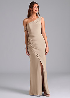 Azazie Madelyn Robes de demoiselle d'honneur Robe Sirène Convertible en Mousseline de soie Ue épaule Taupe image1