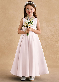 Azazie Honey Bear Flower Girl Dresses Blushing Pink A-Line Pleated Matte Satin Dress image3