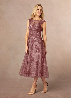 Azazie Flynn Mother of the Bride Dresses Desert Rose A-Line Boatneck Lace Tulle Dress image2