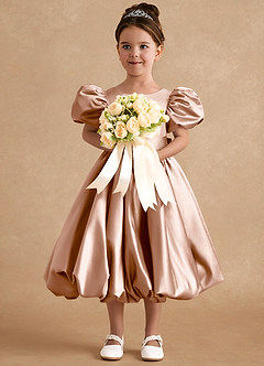 Azazie Jellybean Sukienki dla dziewczynek sypiących kwiaty Suknia balowa Marszczony Matowy satynowy Długość herbaty Sukienka image3