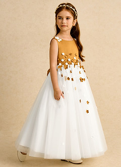 Azazie Eleni Blumenmädchenkleider Ballkleid Schleifen Tüll Kleid Elfenbein Butterscotch image6