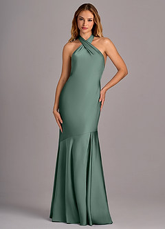 Azazie Lorena At-home Try On Dresses Dusty Blue Mermaid Pleated Stretch Satin Dress image4