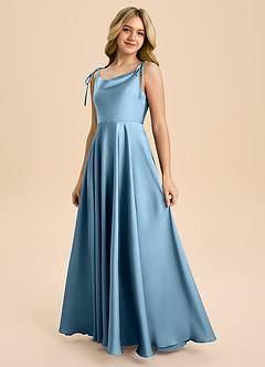 Azazie Popsy Junior Steel Blue A-Line Bow Stretch Satin Dress image6