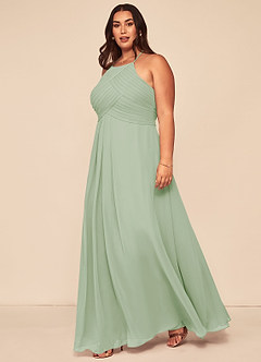 Azazie Ginger Bridesmaid Dresses Dusty Sage A-Line Halter Pleated Chiffon Dress image9