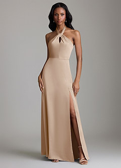 Azazie Tracie Bridesmaid Dresses Taupe A-Line Side Slit Stretch Satin Dress image1