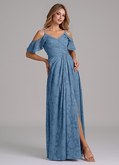 Azazie Dakota Bridesmaid Dresses Steel Blue A-Line Off the Shoulder Floral Burnout Dress image5