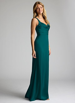 Azazie Elida Bridesmaid Dresses Pine Sheath Pleated Stretch Satin Dress image3