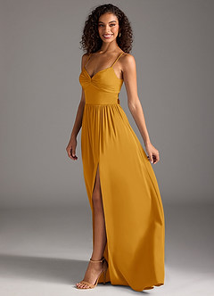Azazie Zeya Bridesmaid Dresses Butterscotch A-Line Pleated Stretch Satin Dress image7