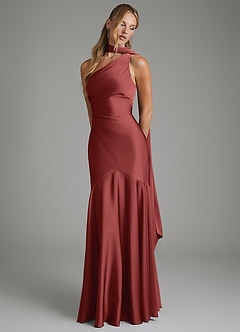Azazie Amara Robes de demoiselle d'honneur Robe Sirène en Satin extensible Asymétrique Terracotta image4
