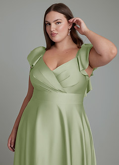 Azazie Leilani Robes de demoiselle d'honneur Robe Trapèze en Satin extensible Drapé Vert Sauge image3