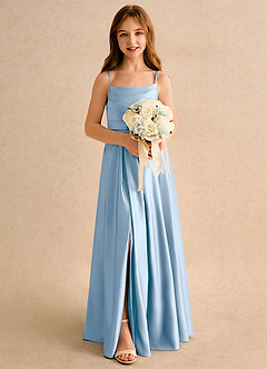 Azazie Reia Junior Formal Flower Girl Dresses Powder Blue A-Line Pleated Matte Satin Dress image3