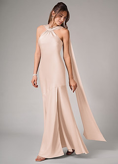 Azazie Kinsley Bridesmaid Dresses Blushing Pink Mermaid Side Slit Stretch Satin Dress image4