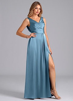 Azazie Karina Bridesmaid Dresses Steel Blue A-Line Pleated Stretch Satin Dress image5