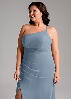Azazie Eren Vestidos de damas de honor Vestido de Azul Polvoriento de Gasa de Corte Recto con Hombro unilateral image6