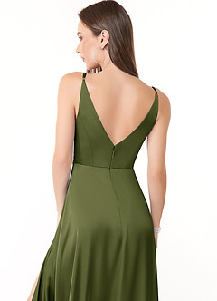 Azazie Dalilah Final Sale Olive A-Line V-Neck Pleated Stretch Satin Dress image5