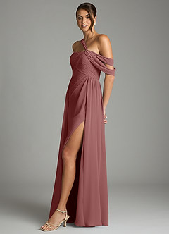 Azazie Kassandra 신부 들러리 드레스 A라인 오프 더 숄더 쉬폰 바닥 길이 드레스 image4