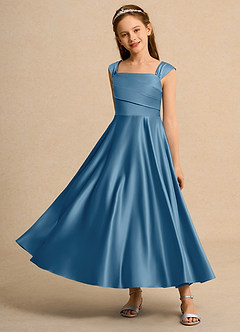 Azazie Bundle Girls Formal Flower Girl Dresses Steel Blue A-Line Pleated Matte Satin Dress image6