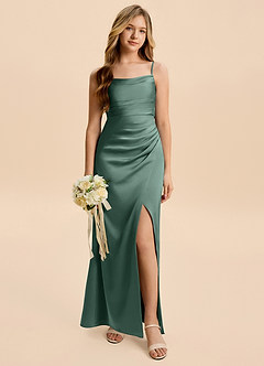 Azazie Minnie Junior Eucalyptus Sheath Ruched Stretch Satin Dress image1