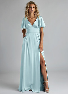 Azazie Kimber Bridesmaid Dresses Cloud Blue A-Line Ruched Stretch Satin Dress image1