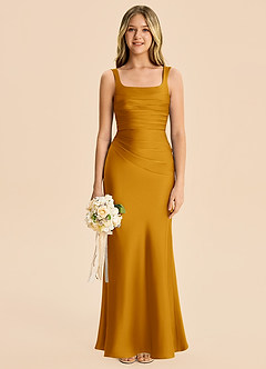 Azazie Agustina Junior Butterscotch Sheath Pleated Stretch Satin Dress image6
