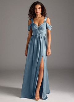 Azazie Lianne Robes de demoiselle d'honneur Robe Trapèze en Satin extensible Épaule décolletée Bleu Poussiéreux image8