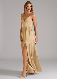 Azazie Aaida Bridesmaid Dresses Gold A-Line Corset Stretch Satin Dress image3