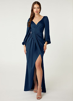 Azazie Mel Bridesmaid Dresses Dark Navy Sheath Long Sleeve Stretch Satin Dress image1