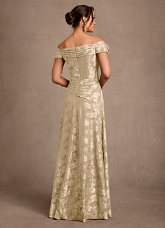Azazie Bernadette Final Sale Champagne A-Line Off the Shoulder Floral Burnout Dress image3
