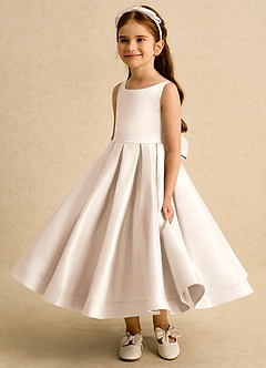 Azazie Babs Flower Girl Dresses White Alabaster Ball-Gown Pleated Matte Satin Dress image5