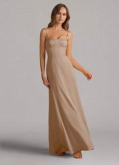 Azazie Amaris Bridesmaid Dresses Taupe A-Line Corset Stretch Satin Dress image1