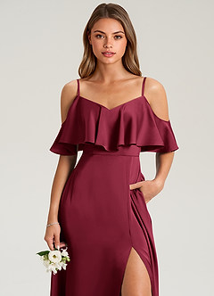 Azazie Jean Bridesmaid Dresses Burgundy A-Line Off the Shoulder Stretch Satin Dress image6