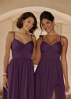 Azazie Zeya Bridesmaid Dresses Plum A-Line Pleated Stretch Satin Dress image2