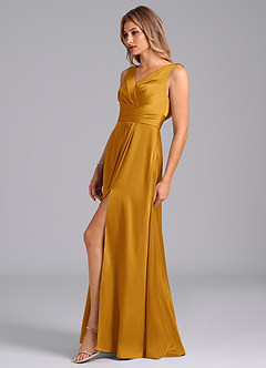 Azazie Karina Bridesmaid Dresses Butterscotch A-Line Pleated Stretch Satin Dress image3