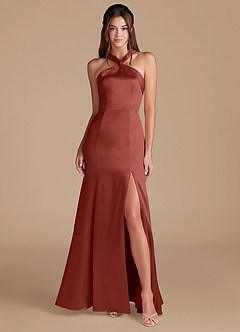 Azazie Rue Bridesmaid Dresses Terracotta Sheath Pleated Metallic Satin Dress image1