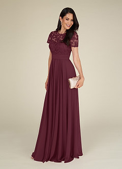 Azazie Annette At-home Try On Dresses Cabernet A-Line Lace Chiffon Dress image4