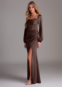 Azazie Charissa Bridesmaid Dresses Ganache Sheath Long Sleeve Stretch Satin Dress image5