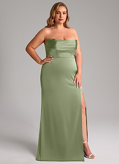Azazie Saige Bridesmaid Dresses Pistachio Sheath Off the Shoulder Stretch Satin Dress image17