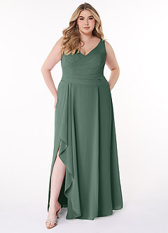 Azazie Kori Vestidos de damas de honor Vestido de Musgo Marino de Gasa de Corte en A con Plisado image6