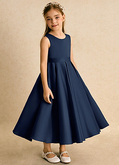 Azazie Junebuj Flower Girl Dresses Dark Navy Ball-Gown Pleated Matte Satin Dress image5